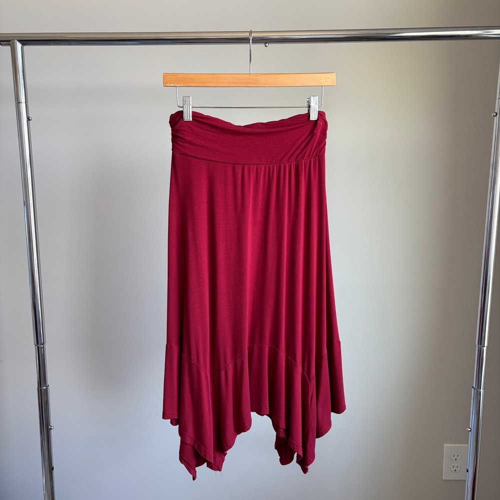 DJT Asymmetrical Handkerchief Skirt S Midi Ruched Waist Burgundy Flowy Boho Y2K